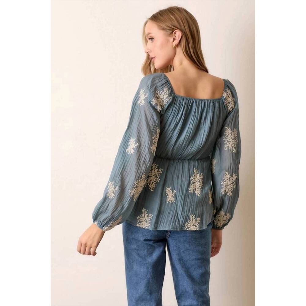 NEW POLAGRAM embroidered smocked blouse in dusty blue - Picture 2 of 2